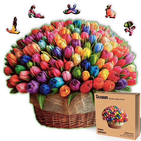 LEOGOR 200-piece tulip puzzle with vivid bouquet art and whimsical floral cuts, relaxing activity