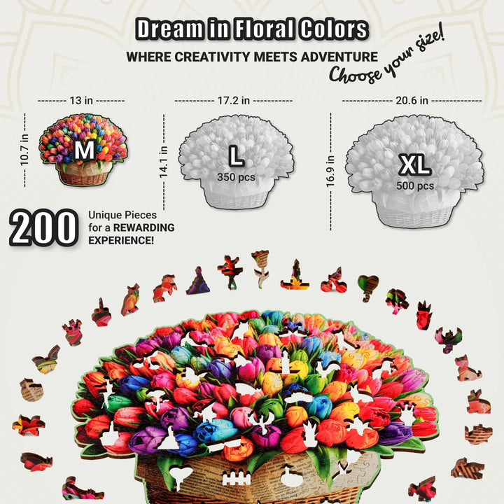 Puzzle comparison with 200-piece tulip puzzle in M size, surrounded by artistic whimsy cuts
