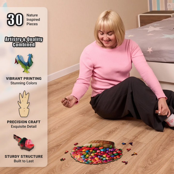 Relaxing moment on floor with 200-pcs tulip puzzle, filled with floral whimsy shapes and rich colors