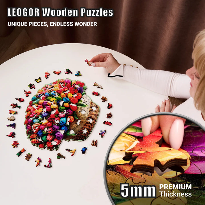 Close-up of hands assembling 200-piece floral puzzle, showing thick wooden piece and vibrant print