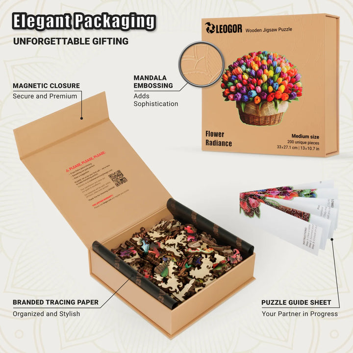 Gift-ready box of 200-pcs tulip puzzle with embossed floral design, tracing paper, and visual guide