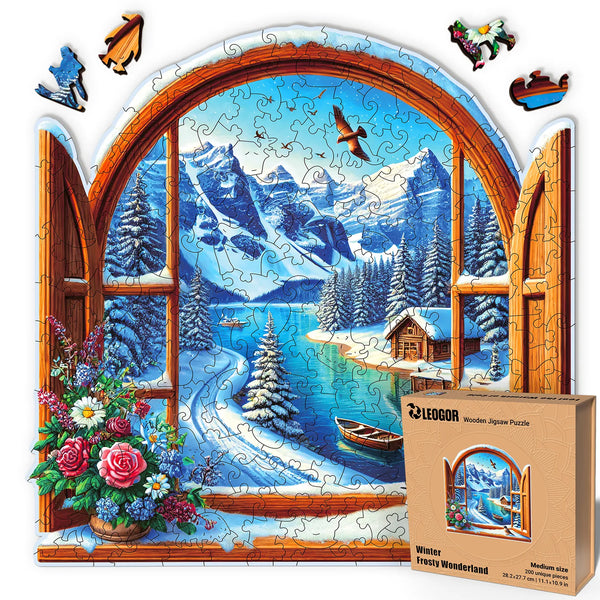 200-piece winter puzzle with holiday wooden pieces and charming snowy house illustration