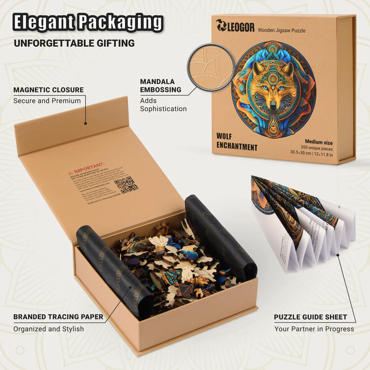 Wolf Enchantment puzzle box with guide, tracing paper, embossed finish, perfect gift packaging