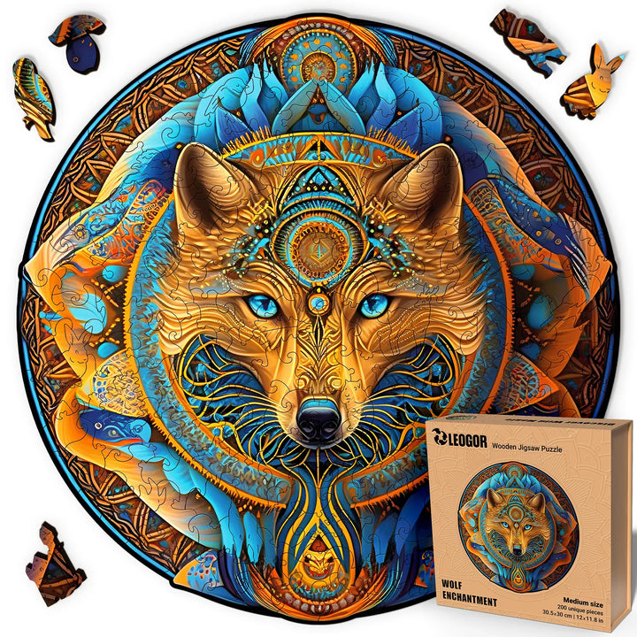 Wolf Enchantment 200-piece round puzzle with shaped pieces and blue-gold wolf art, adult gift idea