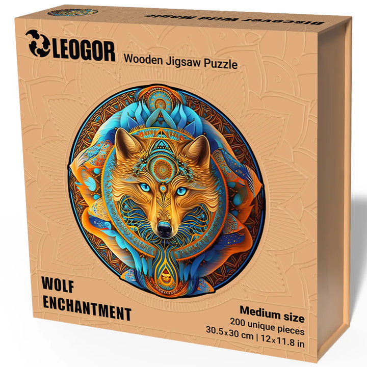 Wolf Enchantment puzzle box, 200-piece round jigsaw with bold wolf art and stylish packaging