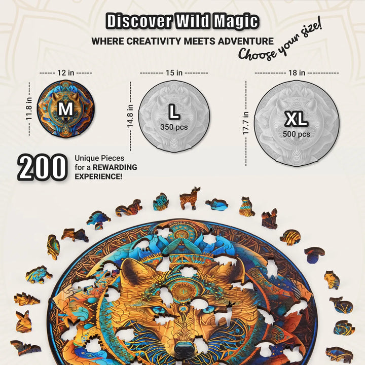 Wolf Enchantment 200-piece puzzle, 12 x 11.8 in round jigsaw with nature whimsy cuts, decor-friendly