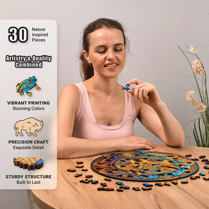 Woman enjoying vivid 200-piece Wolf Enchantment puzzle with animal pieces, fun relaxing moment