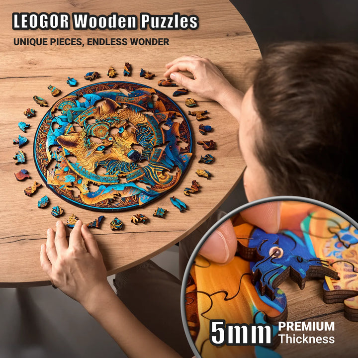 200-piece Wolf Enchantment puzzle with 5mm wood cuts, mystical design, and precision shapes