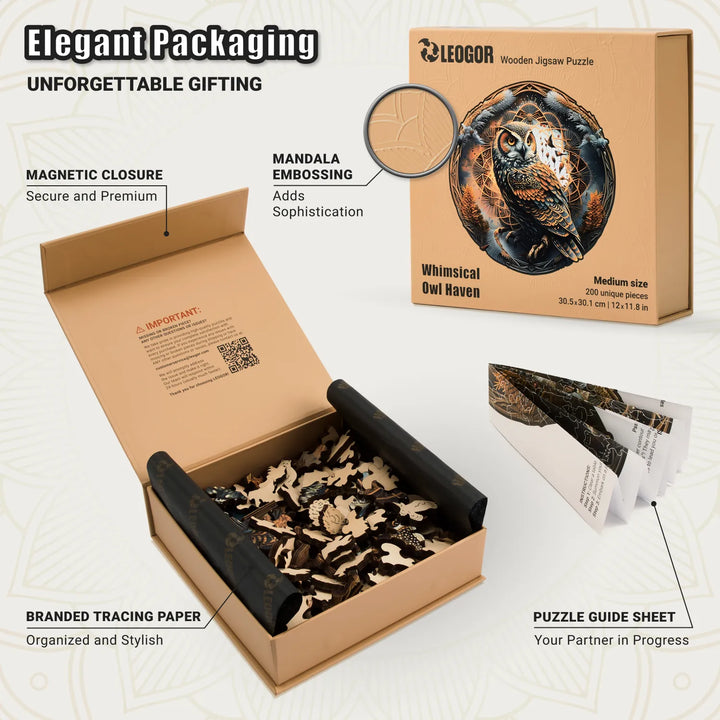 Stylish owl puzzle box with magnetic closure, durable materials, and an instruction guide inside