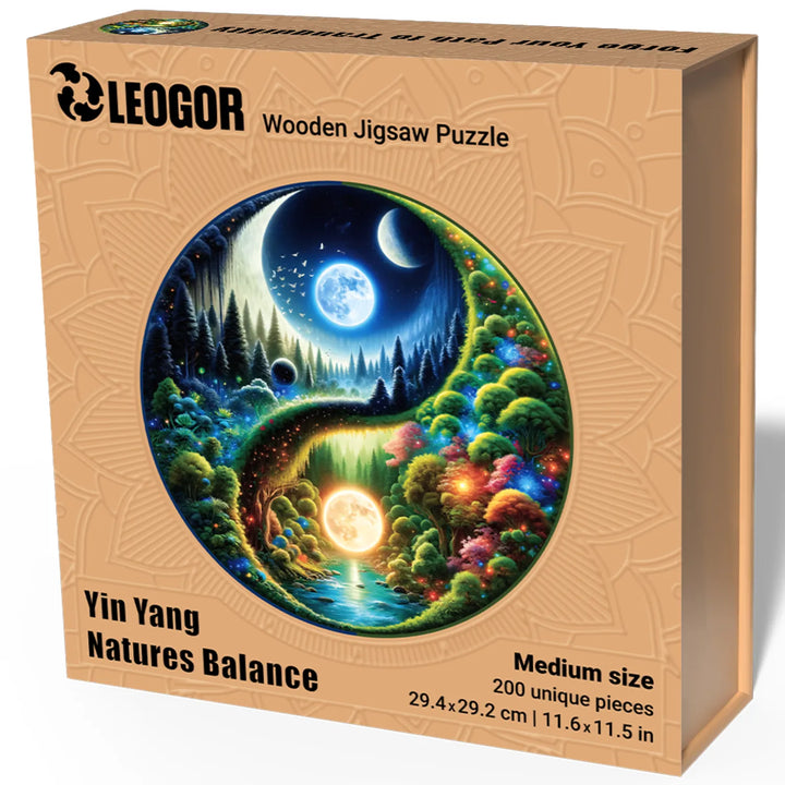 LEOGOR Yin Yang wooden jigsaw puzzle in compact 200-piece packaging with celestial forest design