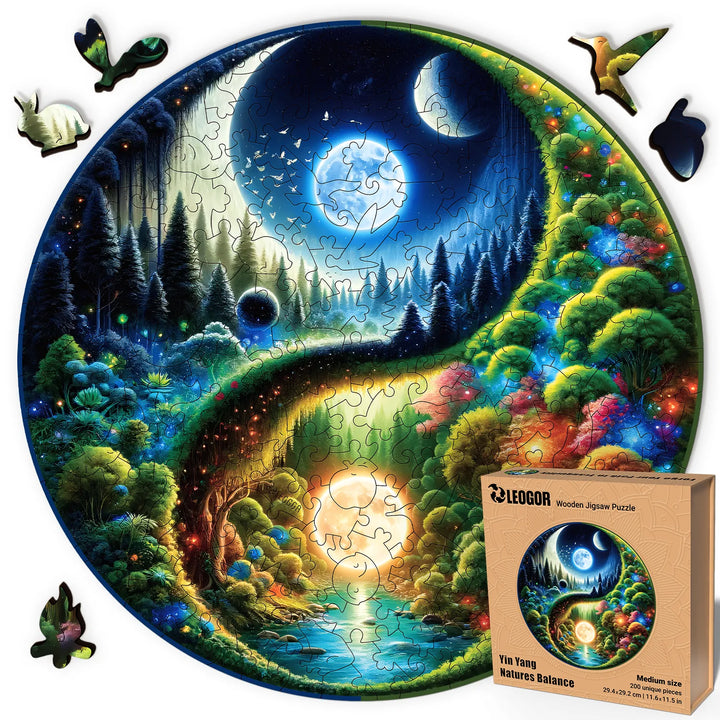 Yin Yang circular wooden puzzle showing forest harmony in light and dark, 200-pcs edition by LEOGOR