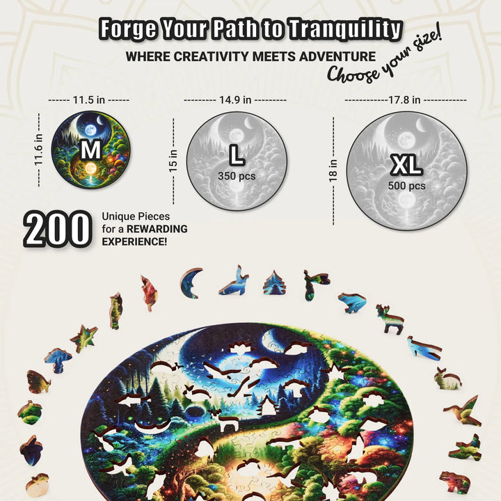 200-pcs Yin Yang puzzle displayed next to other sizes, with fantasy theme and creative puzzle shapes