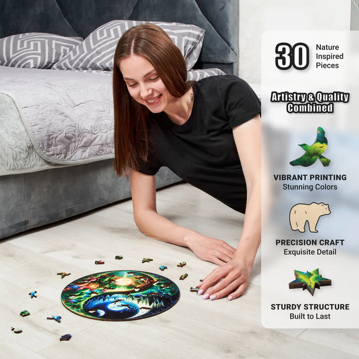 Woman enjoying a quiet activity with the 200-piece Yin Yang puzzle from LEOGOR on a wood floor