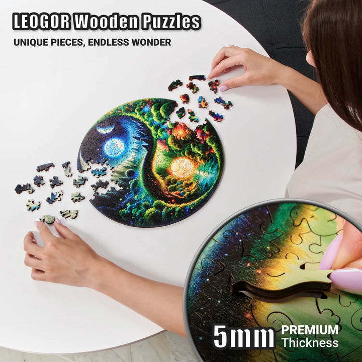 Puzzle lover working on the 200-piece Yin Yang puzzle with close-up of a sturdy wooden pieces