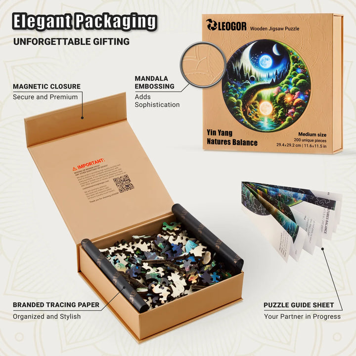 200-pcs edition of LEOGOR's Yin Yang puzzle showcasing eco-friendly packaging and detailed contents
