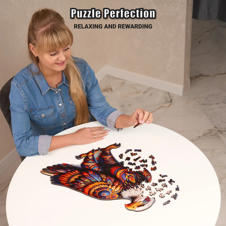 Woman assembling 350-piece eagle puzzle on round table with vibrant colors and relaxing design