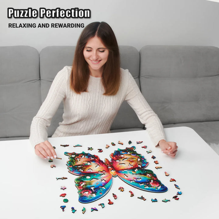 Woman assembling 350-piece butterfly puzzle on table, vibrant nature design and mindful puzzling fun