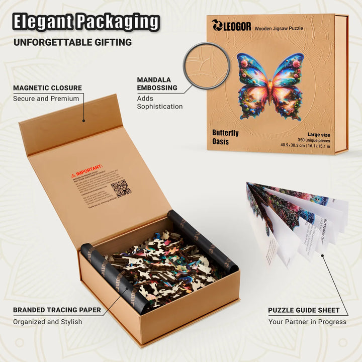 350-piece Butterfly puzzle box with mandala embossing, tracing paper, and magnetic closure gift box