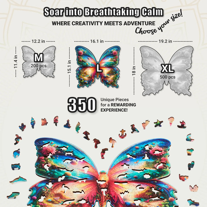 Size chart showing 350-piece large butterfly puzzle with curved wings and nature whimsy pieces