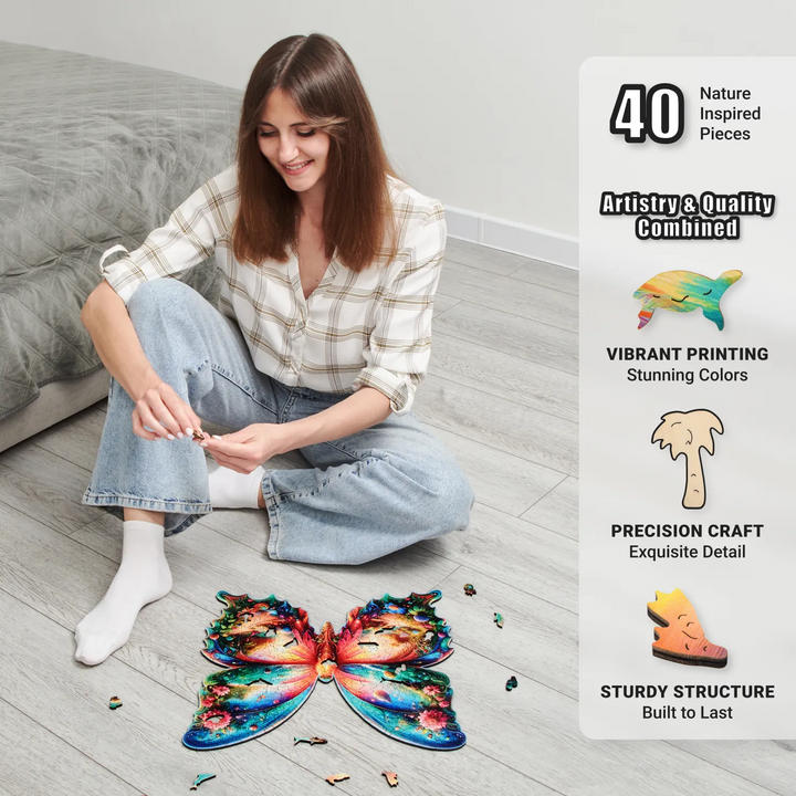 Woman puzzling 350-pcs Butterfly Oasis puzzle on bedroom floor, showing vibrant art and quality cuts