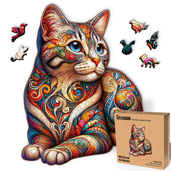 Cat-shaped 350-piece puzzle with vivid swirls and animal shapes, a fun and decorative challenge