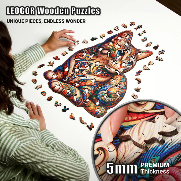 Assembling the 350-piece cat puzzle with 5mm thick wood pieces and detailed colorful patterns