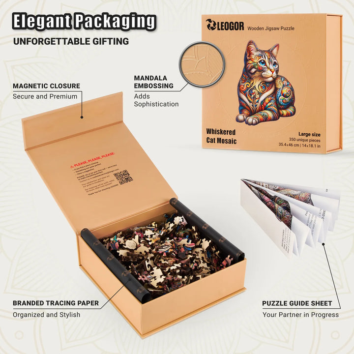 Cat puzzle box with tracing paper, guide sheet, and magnet closure, perfect gift for puzzlers