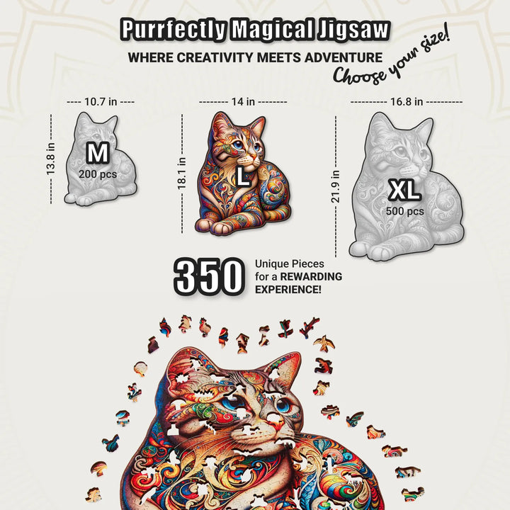 Puzzle chart highlighting 350-piece cat puzzle with swirling designs and shaped puzzle pieces