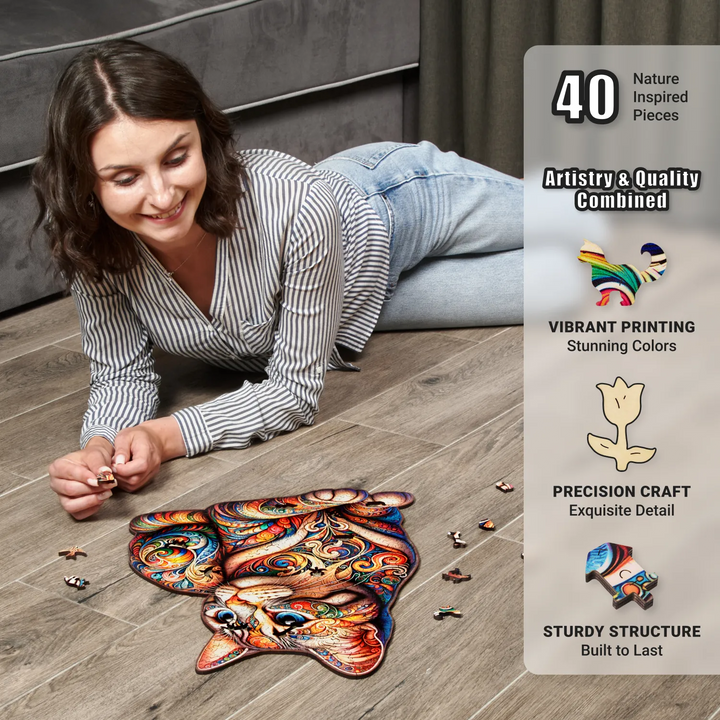 Woman building cat puzzle on the floor with vivid art and whimsy cuts, ideal mindful activity