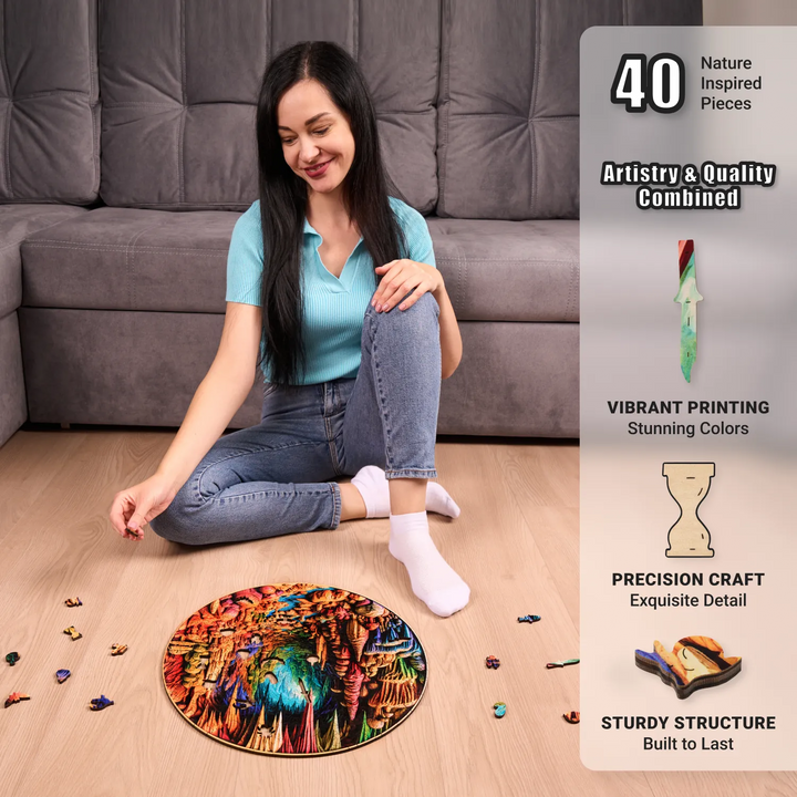Puzzle assembly in progress – 350-piece wooden version with natural lighting and bold colors