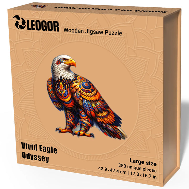 LEOGOR eagle puzzle box with vivid bird artwork, 350-piece edition in premium embossed packaging