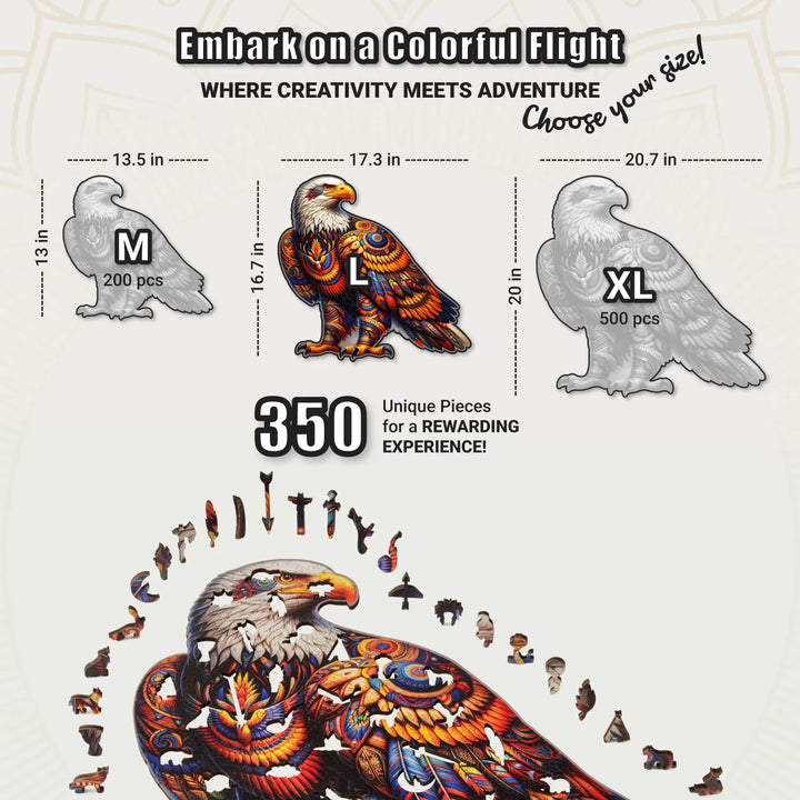 Puzzle size chart showing L size eagle puzzle with 350 pieces and curved edges, decorative detail