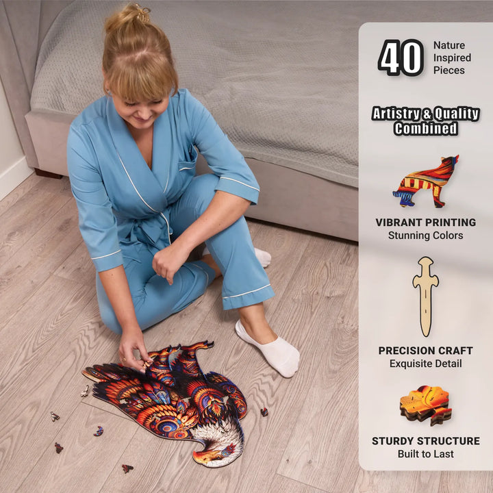 Puzzler placing 350-piece eagle puzzle pieces on floor, showing color quality and mindful fun
