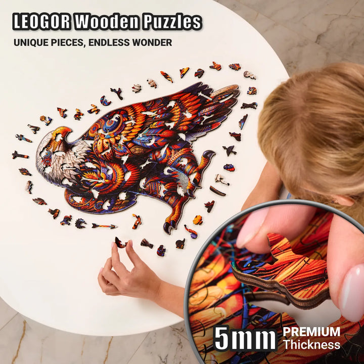 350-piece eagle puzzle with 5mm thick wood and vibrant details, highlighting premium craftsmanship