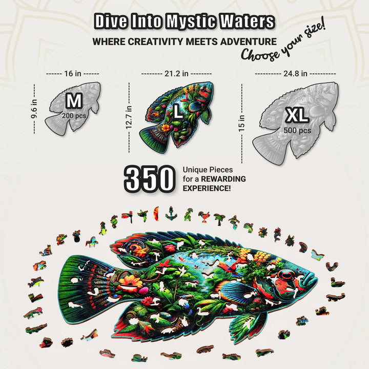 Puzzle size chart highlighting 350-piece vibrant fish-shaped version with nature whimsy pieces