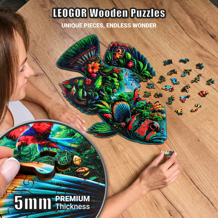Colorful Fish Fantasia puzzle with 5mm wood pieces and tropical animals, great for decor display