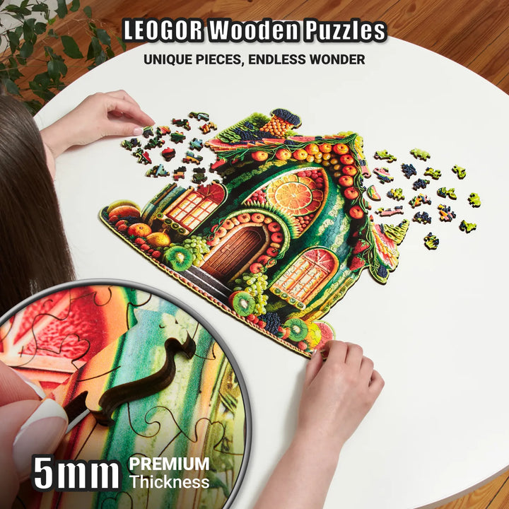 Wooden puzzle piece detail showing 5mm thickness and fruity print in Fruit Cottage Creation