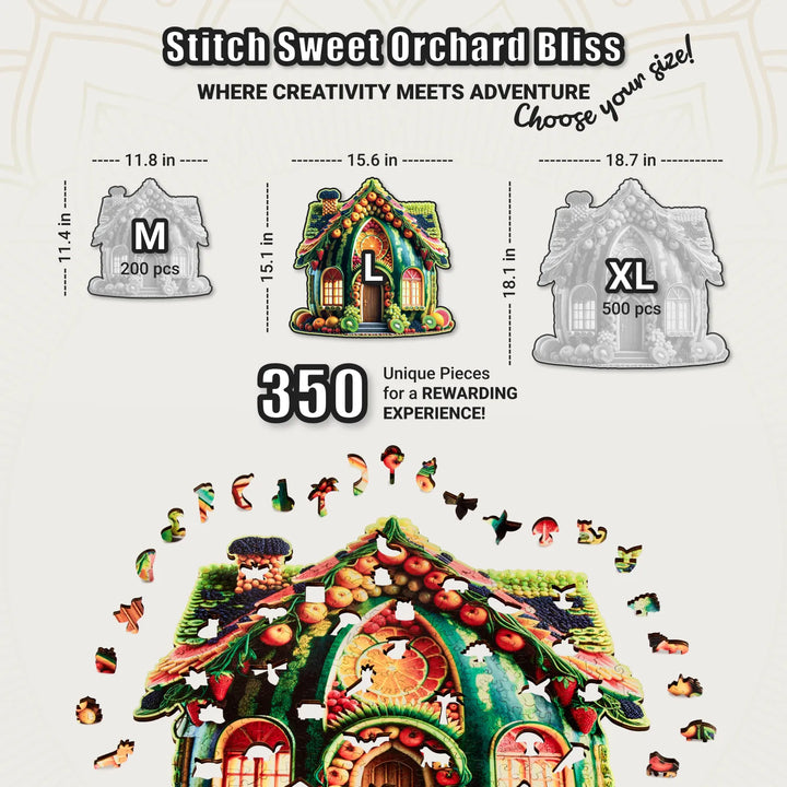Puzzle chart showing large fruit house puzzle with colorful wood cuts and orchard theme