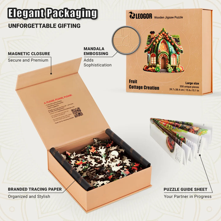 Gift-ready wood box for 350-piece puzzle, showing guide sheet, tracing paper, and fruit art