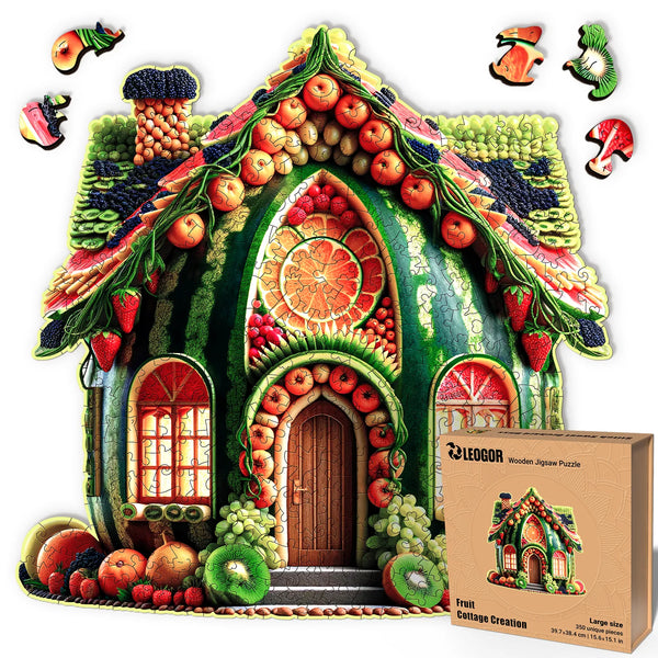 350-piece wooden puzzle shaped like fruit house, with wood whimsy pieces and bright fruity charm