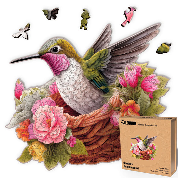 Glorious Hummingbird 350-pcs puzzle shaped like a bird, floral art, and vivid nature whimsy pieces