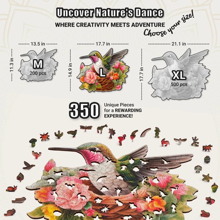 350-piece hummingbird-shaped puzzle shown in size guide with vivid floral artwork and unique pieces