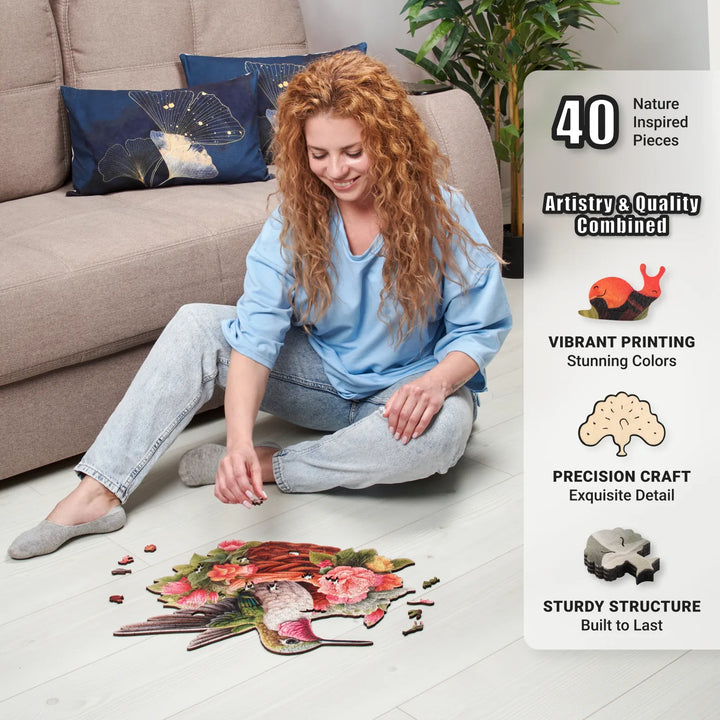 Relaxing scene of assembling the 350-piece Hummingbird puzzle with bright natural tones and shapes