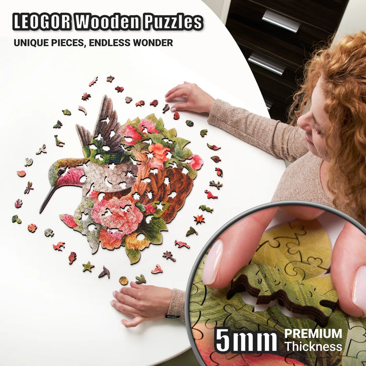 Glorious Hummingbird puzzle in progress with 5mm wood pieces and radiant flower-shaped whimsy cuts