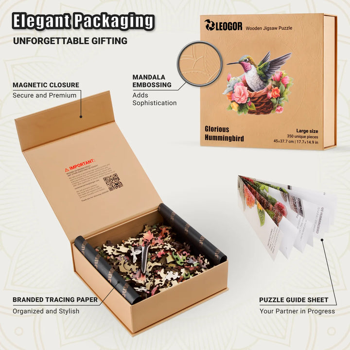 Puzzle box of Glorious Hummingbird 350-piece version with magnet lid, guide sheet, and tracing paper