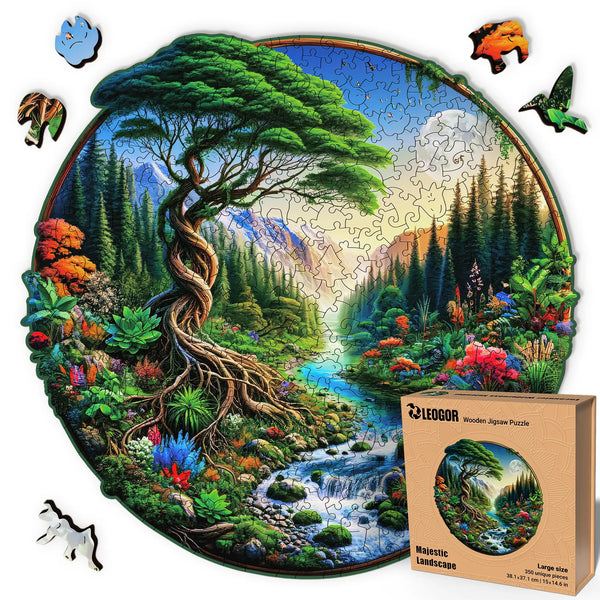 Majestic Landscape 350-piece wooden puzzle in round wood shape, vivid nature design and whimsy cuts