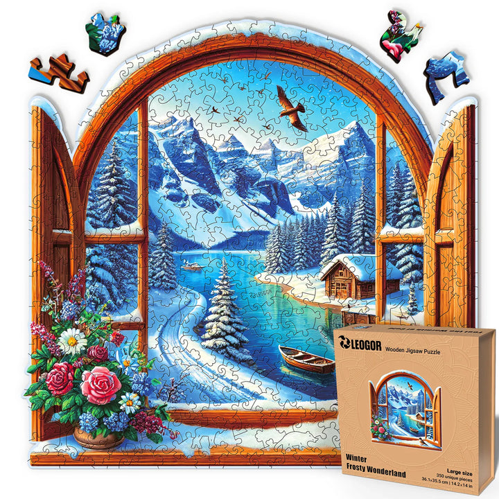 Winter wooden puzzle, 350-piece snowy jigsaw with wood whimsy cuts and crisp holiday theme