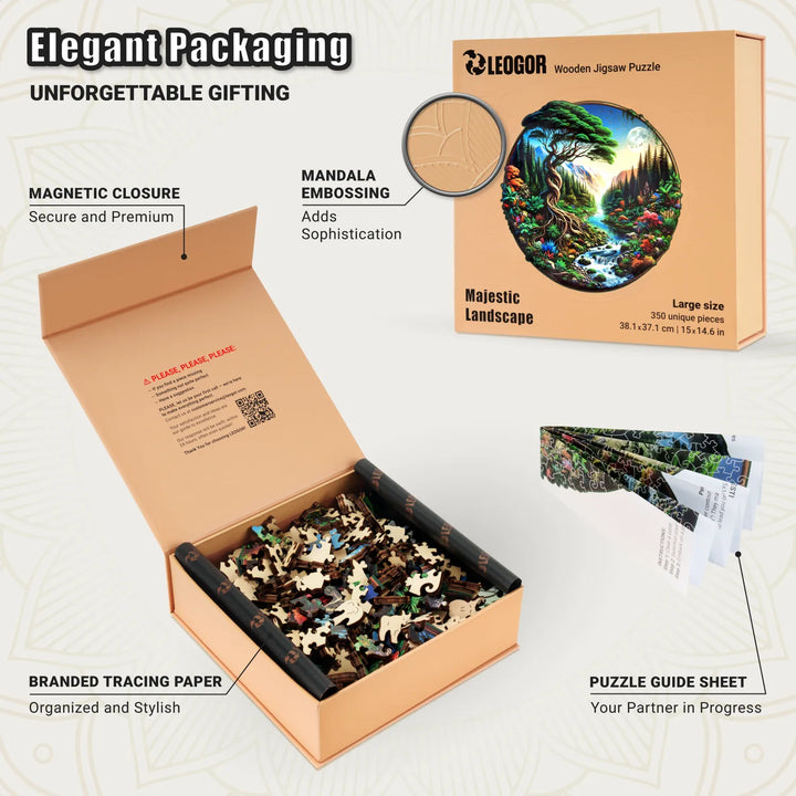 Majestic Landscape puzzle box with wooden guide sheet, embossed magnetic lid, and tracing paper