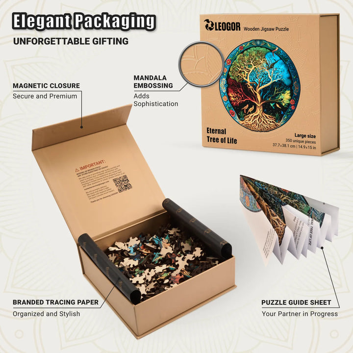 Elegant 350-piece Tree of Life puzzle box with magnet closure, guide sheet, and embossed design