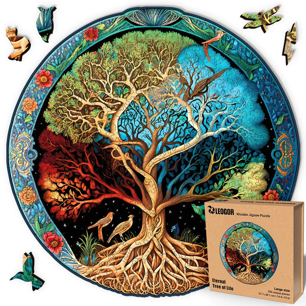 Challenging 350-piece Tree of Life puzzle with shaped pieces, vibrant art, and brain teaser appeal